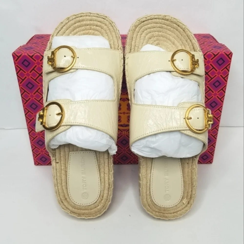 Tory Burch Selby Cream Leather Two Band Espadrille Slides